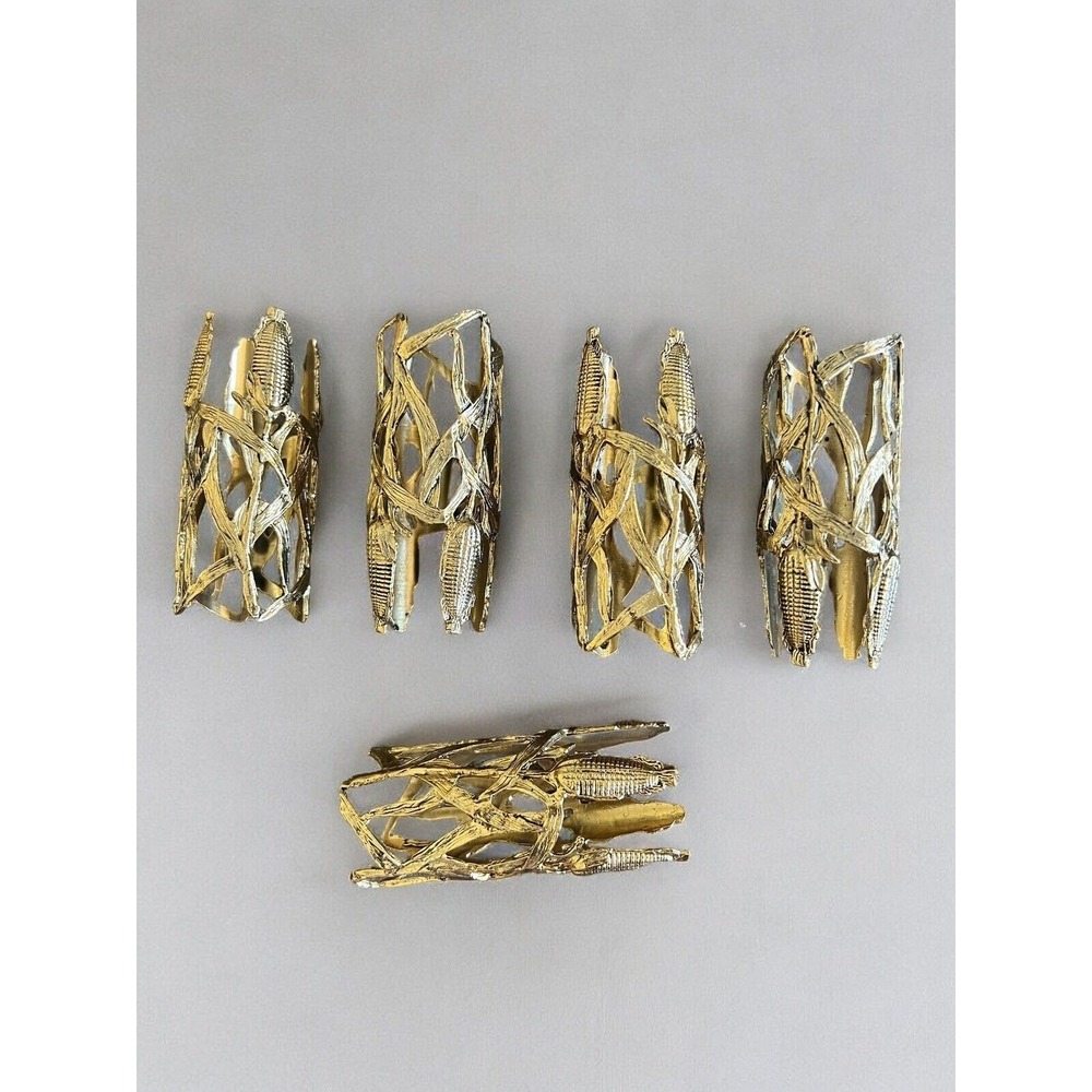 Vintage Brass Corn on the Cob Napkin Rings Set of 5 Harvest Thanksgiving Gold